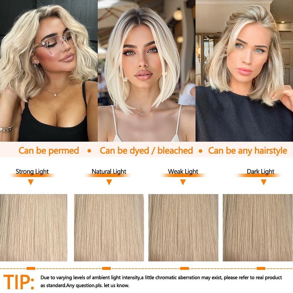 Ombre Ash Blonde Wigs Human Hair for Women 12A Real Human Hair Summer Wig Straight Short Blonde Bob Wig with Dark Roots Breathable Pre Cut Plucked 13x4 UHD Lace Front Wig for Daily Party 12In 180%