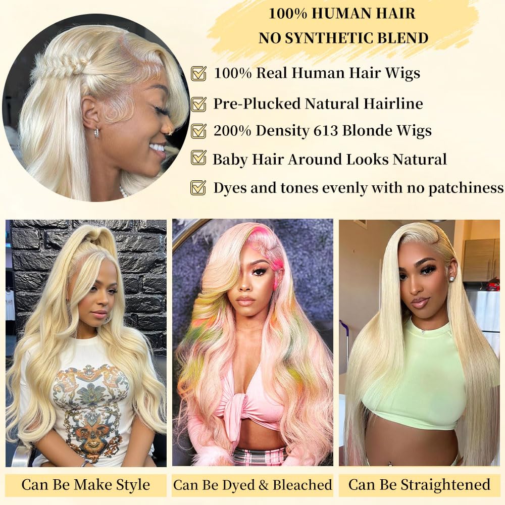 Femca 36 Inch 613 13x6 Lace Front Wig Human Hair Blonde Wig Human Hair 200 Density 613 Transparent Body Wave Lace Front Wigs Human Hair Minimal Shedding Longer Life No Tangle