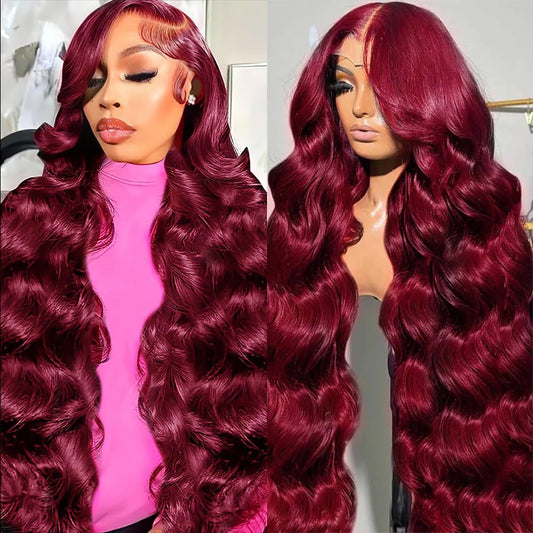 99j Burgundy Lace Front Wigs Human Hair 200% Density HD Lace Front Wig Pre Plucked 13x4 Body Wave Glueless 28 Inch
