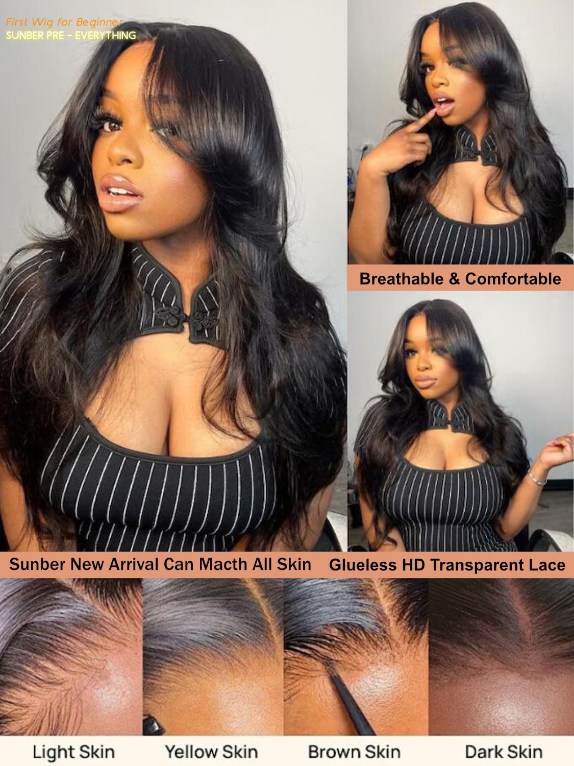 Sunber Bye Bye Knots 7x5 Lace Front Glueless Fluffy Natural Loose Wave Curtain Bangs Wig 180% Density Human Hair Wigs Pre Plucked Invisible Knots Pre Everything 3S Ready to Wear 20Inch