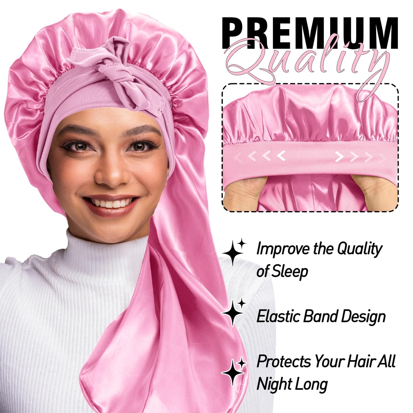 2Pcs Bonnets for Women Sleeping Braid Bonnet, Large Long Satin Silk Bonnet for Braids, Black Women Braid Bonnets with Stretchy Tie Band for Sleeping Extra Long (Pink & Leopard)