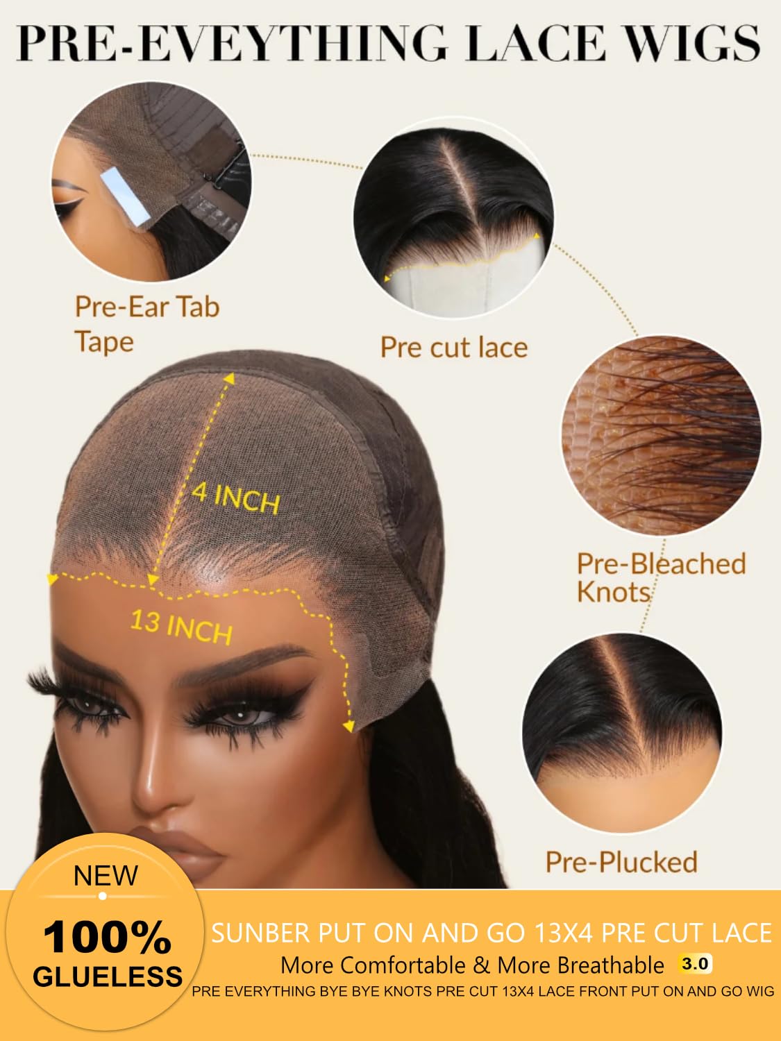 Sunber 13x4 HD Lace Loose Wave Human Hair with Drawstring Wig Upgrade 3D Cap Bye Bye Knots Pre Cut13X4 Lace Front Put On and Go 3S Wear Glueless Wigs Pre Plucked Pre Bleached Invisible Knots 18Inch