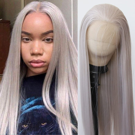 BTWTRY Ash Blonde Synthetic Lace Front Wig Long Straight Grey Lace Front Synthetic Wig Pre Plucked Natural Hairline Glueless Heat Resistant Fiber Hair Wig for Fashion Women (Ash Blonde)