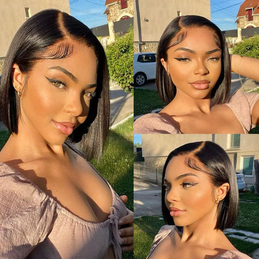 Karlami Bob Wig Human Hair Frontal Lace Wig Glueless Wigs Human Hair Pre Plucked Transparent Bob Lace Front Wigs for Women 150% Density (Natural color 13X6 straight bob, 8 inches)
