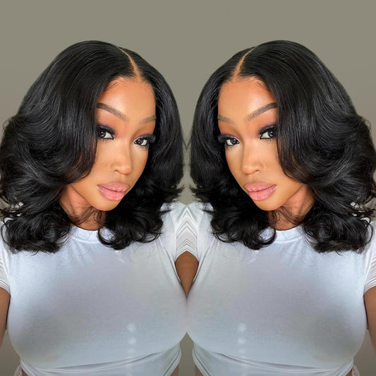 Wear and Go Glueless Wigs Human Hair Pre Plucked Pre Cut Body Wave 2x6 Hd Lace Closure 12 Inch Drawstring Middle Part Bob Wig Human Hair Short 180 Dentisty Lace Front Wigs for Black Women