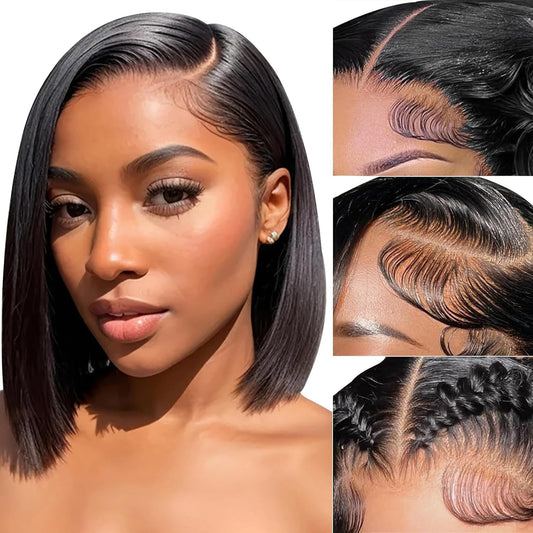 YFOXI Bob Wig Human Hair 13x4 HD Lace Front Wigs Human Hair Pre Plucked Glueless Bob Wigs for Black Women Straight Bob Lace Frontal Human Hair Wigs Natural Color（10 Inch）