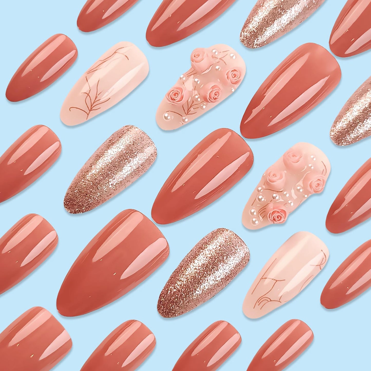 24 Pcs Pink Valentine’s Day Press on Nails Almond Medium Fake Nails with Glue 3D Flower False Nails with Pearl Design Glitter Full Cover Valentines Nails Reusable Stick on Nails for Women Spring Nails
