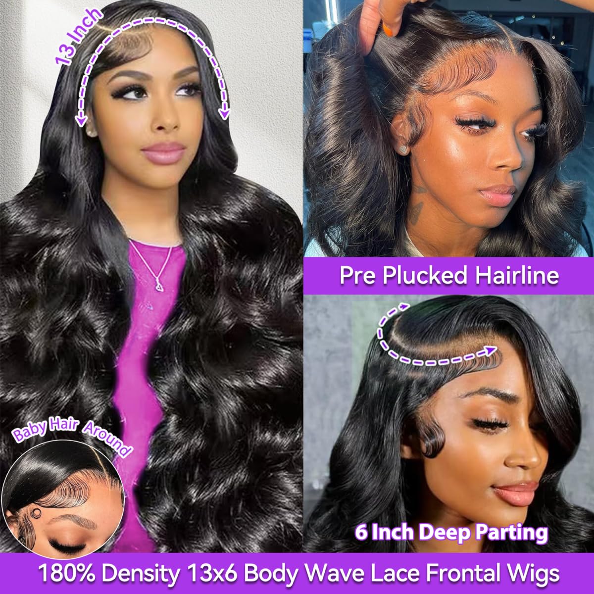 Dewyigs 32 Inch13x6 Lace Front Wigs Human Hair Pre Plucked Body Wave HD Lace Front Wigs Human Hair 180% Density Frontal Glueless Wigs Human Hair with Baby Hair