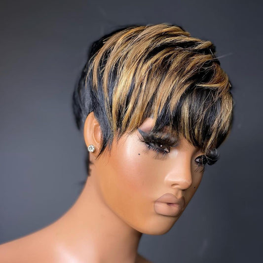 QiaQiaRing Pixie Cut Human Hair Wigs for Black Women Short Layered Pixie Haircut Wigs With Bangs Brazilian Virgin Straight Human Hair 1b/30 Color for Daily Use Glueless Full Machine Made (1b/30)