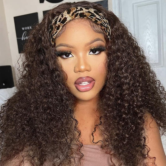 Celiarita Deep Wave Headband Wig Human Hair Chocolate Brown Machine Made None Lace Front Wigs #4 Colored Brazilian Virgin Curly Headband Human Hair Half Wigs for Black Women 14inch