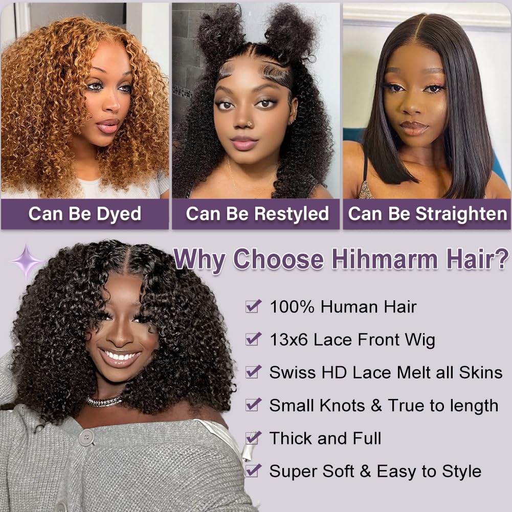 Hihmarm Curly Human Hair Wig 13x6 HD Transparent Lace Kinky Curly Front Wigs Human Hair Pre Plucked 180 Density Wear And Go Glueless Wig Straight Wigs for Black Women Natural Black 18 Inch