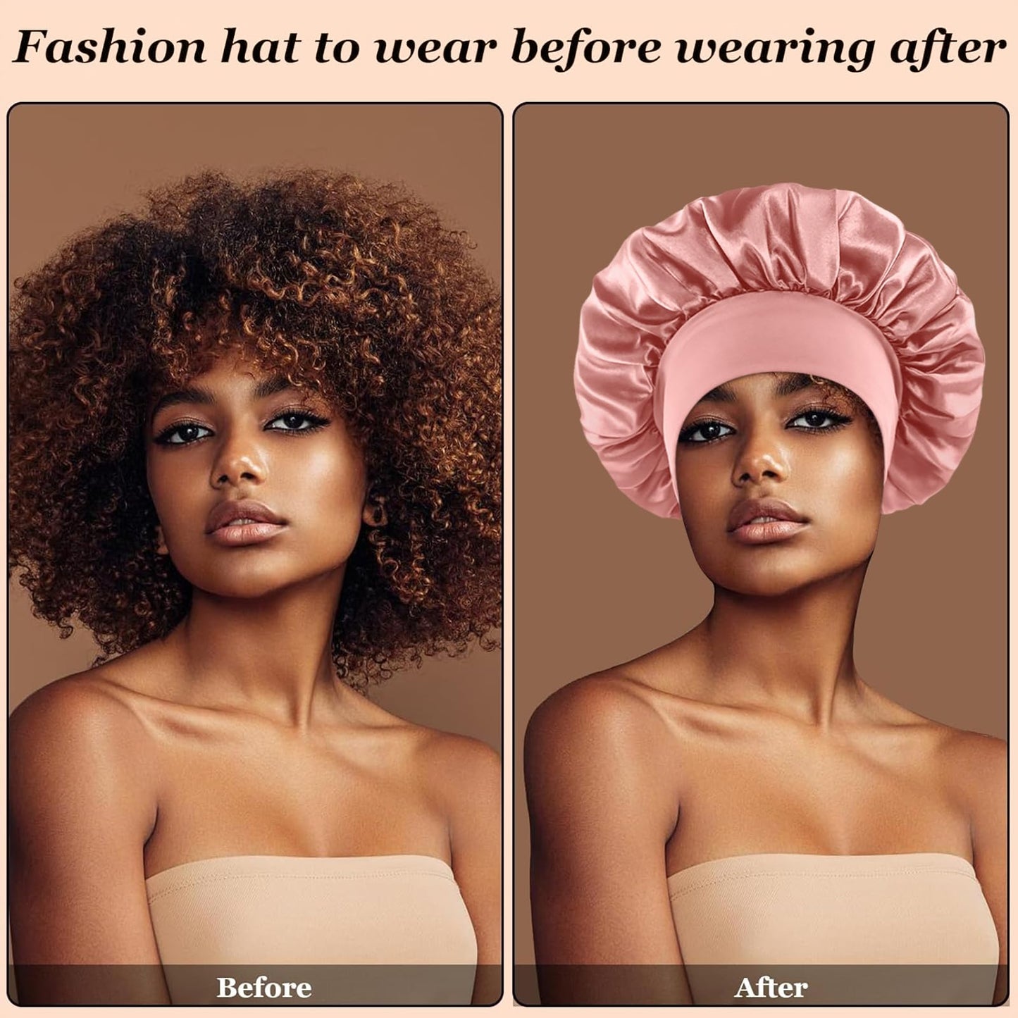 4PCS Silk Satin Bonnets for Black Women & Men - Elastic Wide Band Hair Wrap Cap for Curly Hair - Shower Cap for Sleeping (Blush Pink，Black, Peacock Blue, Purple)