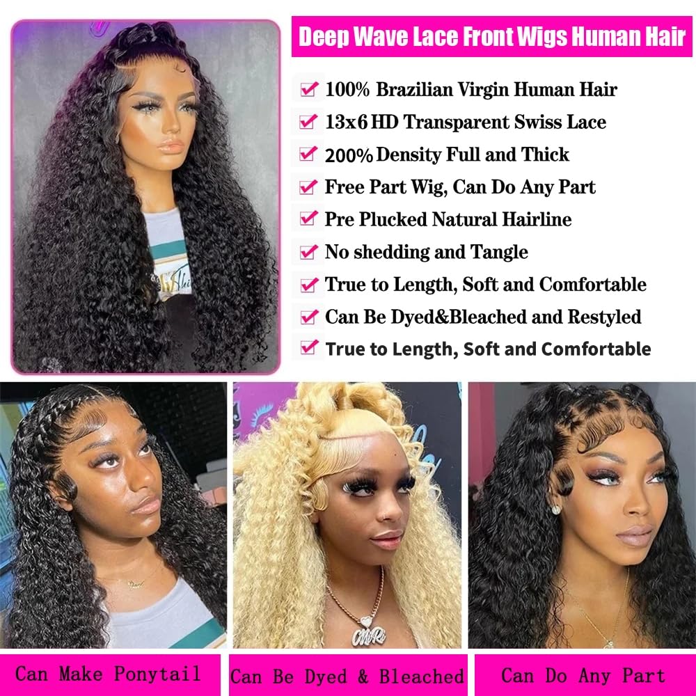 JTMMP 20 Inch Deep Wave Lace Front Wigs Human Hair 13x6 HD Lace Front Wigs Human Hair Pre Plucked Brazilian 200 Density Deep Wave Curly Glueless Frontal Wigs Human Hair
