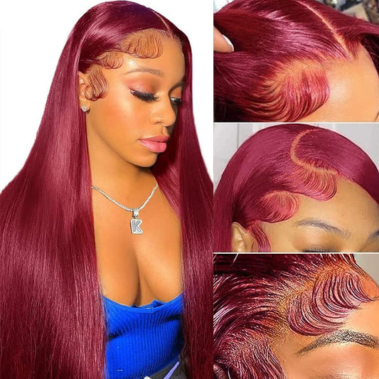 ROLKISA 99j Burgundy Lace Front Wigs Human Hair 30Inch 13x6 Lace Front Wigs Human Hair Straight Red 180% Density HD Lace Front Human Hair Pre Plucked Pre Cut Glueless Wigs Colored For Women