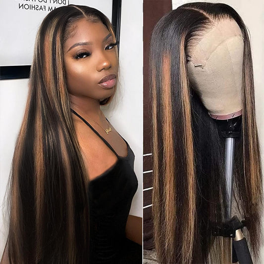 ONECHULY Long Highlight Lace Front Wig Human Hair 200% Density Balayage Ombre Lace Front Wig 13x4 HD Transparent Lace Pre Plucked with Baby Hair Glueless Brown Human Hair Wigs for Women 1B/30 32 Inch