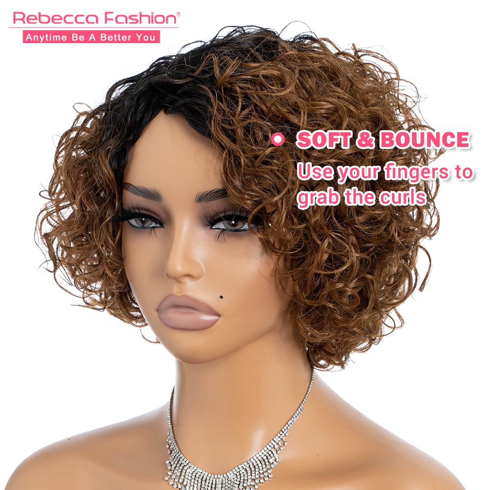 Rebecca Fashion Short Curly Human Hair Wigs for Black Women Cute Curly Bob Wig Side Part Non Lace Glueless Wigs Brazilian Remy Natural Looking Ombre Natural Color to Honey Brown