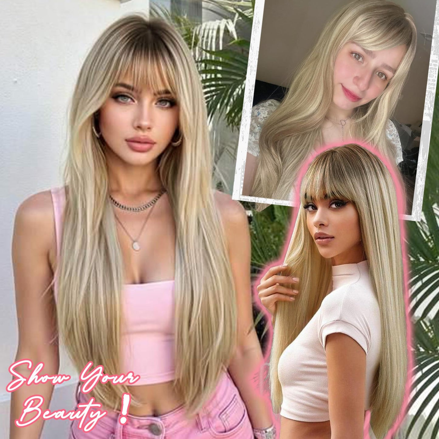 NOVFLKW Ombre Blonde Long Straight Layered Wig with Bangs for Women 26 inch Dark Root to Blonde Put on Go Realistic Synthetic Heat Resistant Natural Wig for Girls Party Cosplay and Daily Use