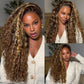 Mepurer Honey Blonde Wig Human Hair Deep Wave Lace Front Wigs 200 Density 4/27 Highlight Ombre 13x4 HD Transparent Lace Front Wig with Baby Hair Deep Curly Wave Wig Human Hair for Black Women 26 Inch