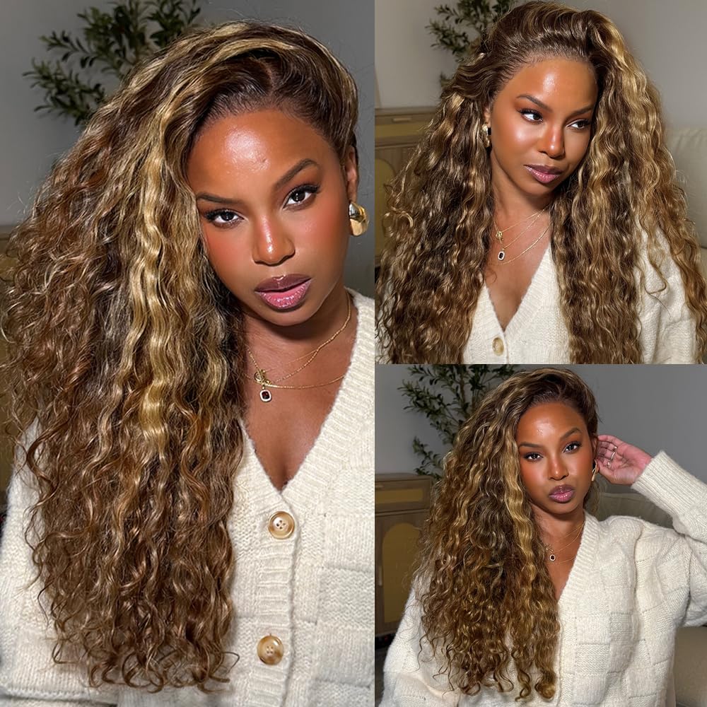 Mepurer Honey Blonde Wig Human Hair Deep Wave Lace Front Wigs 200 Density 4/27 Highlight Ombre 13x4 HD Transparent Lace Front Wig with Baby Hair Deep Curly Wave Wig Human Hair for Black Women 26 Inch