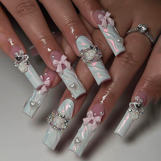 RTKHFZE Long Press on Nails Square Shape Fake Nails with 3D Swirl and Bow Design False Nails,French Tip Glue on Nails Gift for Holiday/Christmas Day/Daughter/Party/Valentine'S Day