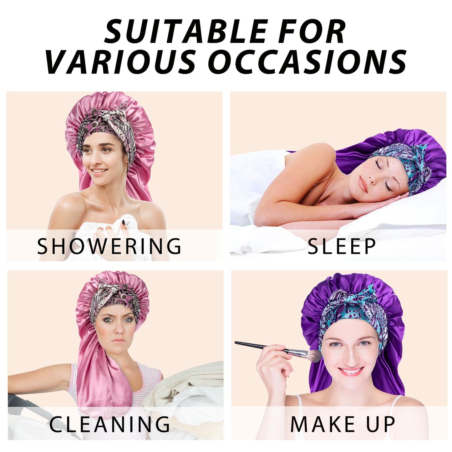 2Pcs Bonnets for Black Women Braid Bonnet, Large Long Satin Silk Bonnet for Braids,Black Women Braid Bonnet with Stretchy Tie Band for Sleeping Extra Long (Purple & Pink Pattern)
