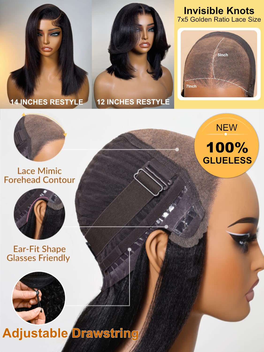 Sunber Glueless Yaki Straight Bob Wigs Pre Plucked Pre Bleached Bye Bye Knots Human Hair Wig Natural Black Pre Cut 7x5 Lace 150% Density Put On Go Pre Bleached Invisible Knots 10Inch
