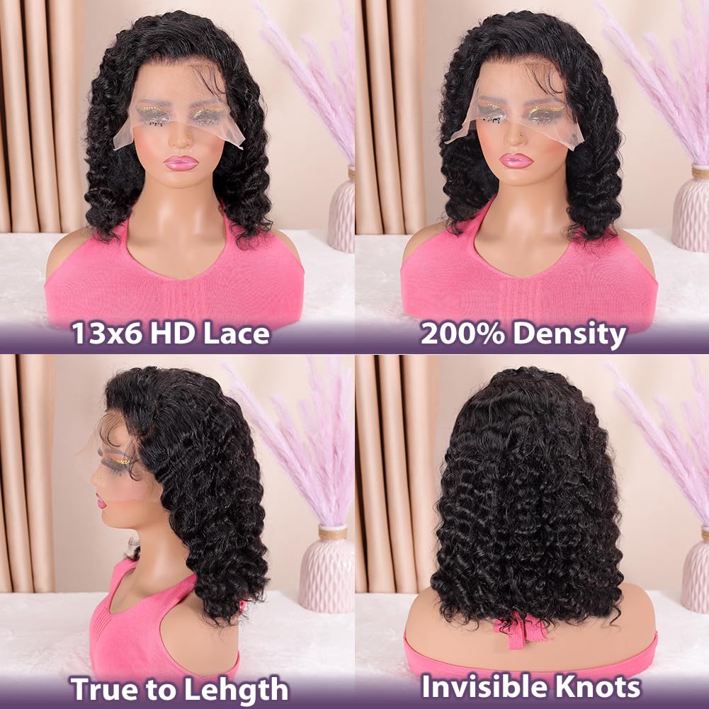 Hihmarm Deep Wave Bob Wig Human Hair 13x6 HD Curly Lace Front Wigs Human Hair Pre Plucked Frontal Curly Bob Wigs for Black Women 180 Density Wet and Wavy Glueless Wig Natural Color 12 Inch