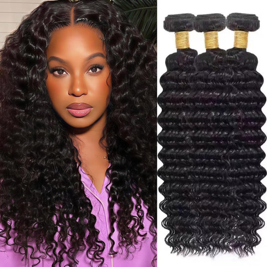 Deep Wave Human Hair Bundles 10 12 14 Inch Curly Bundles Human Hair 100% Unprocessed Brazilian 3 Bundles Hair for Black Women Wet and Wavy Quick Weave Hair Bundle Hair Extensions Natural Black