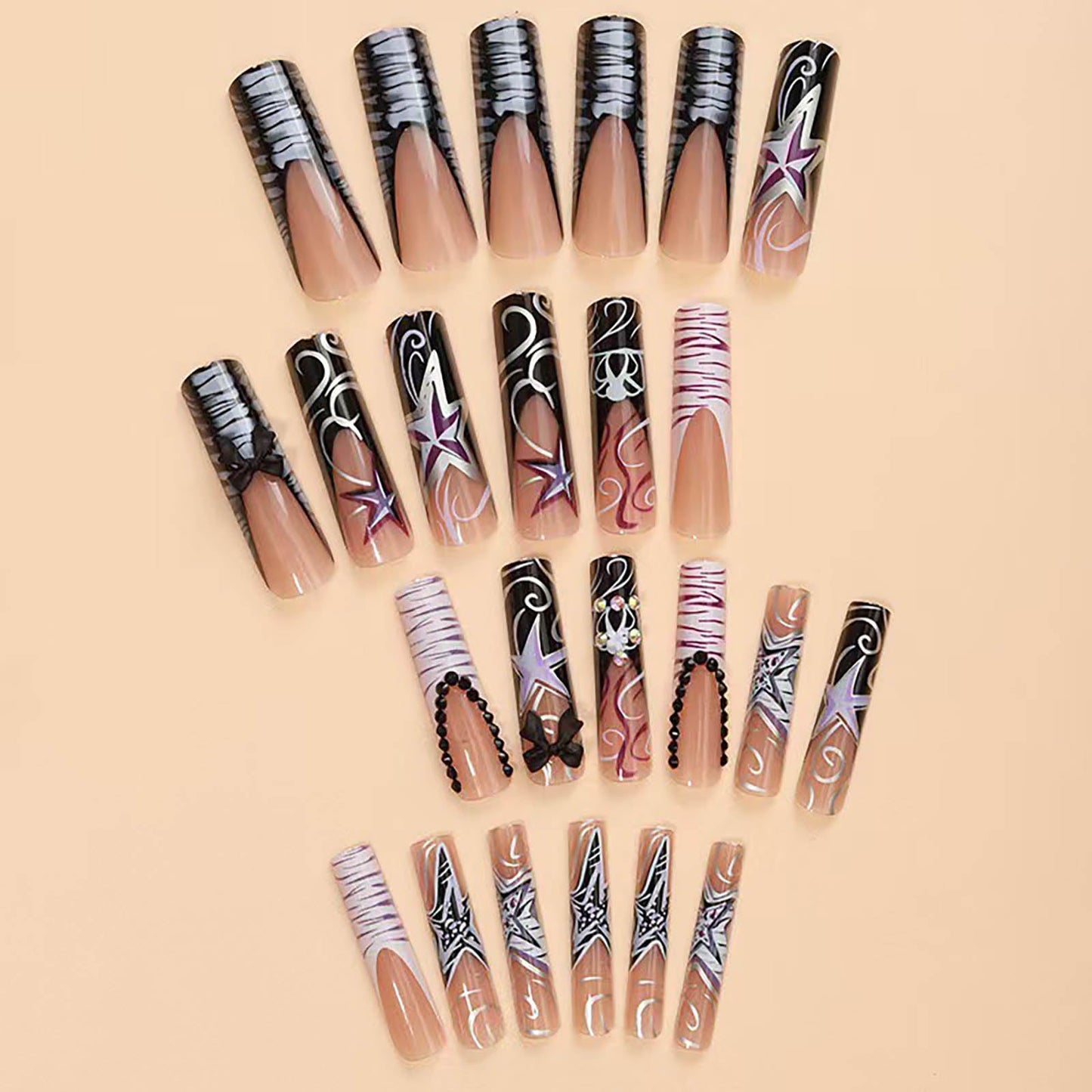 RTKHFZE Extra Long Press on Nails Square Black and Nude Fake Nails with Design,Holiday Press on Nails Hot Girls False Nails 24pcs