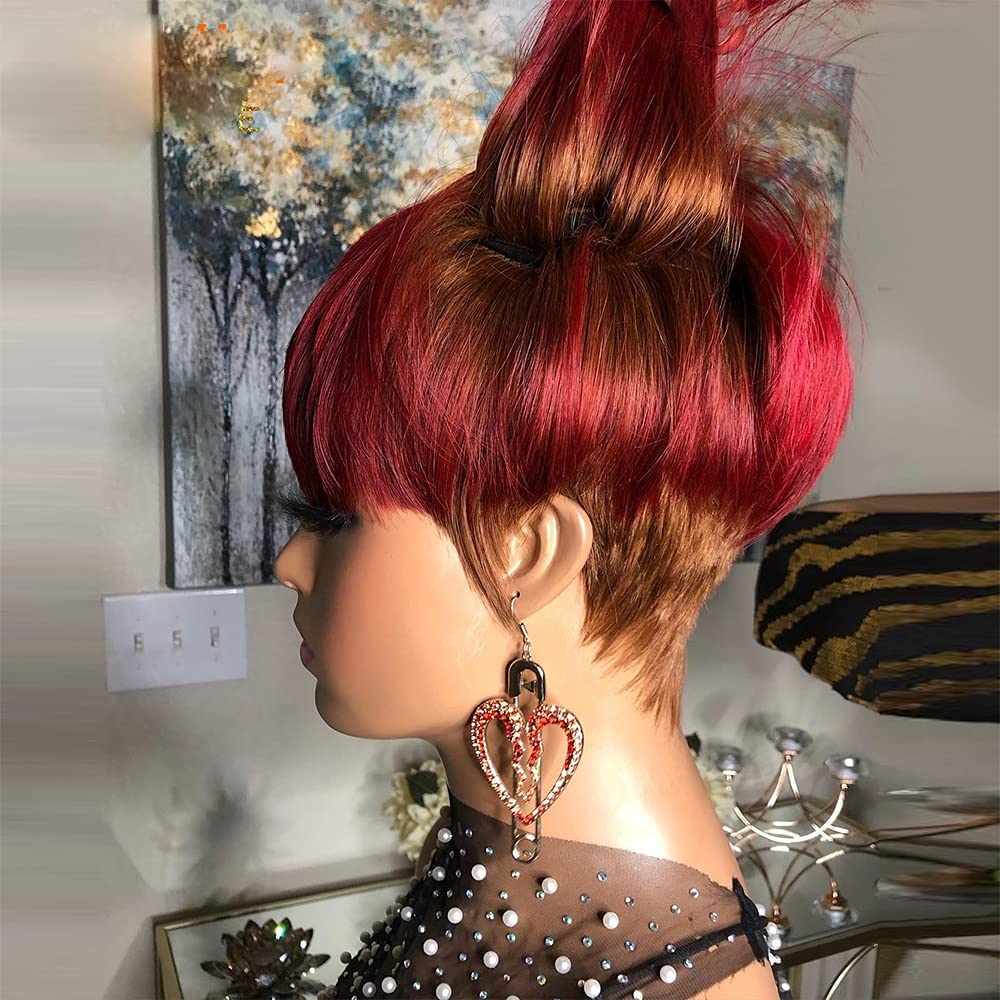 PurpleSexy Short Layered Pixie Cut Human Hair Wigs With Bangs Pixie Cut Wigs for Black Women 30/BG Daily Use Color Chic Elegent Brazilian Virgin Straight Human Hair Wigs (30/bg)