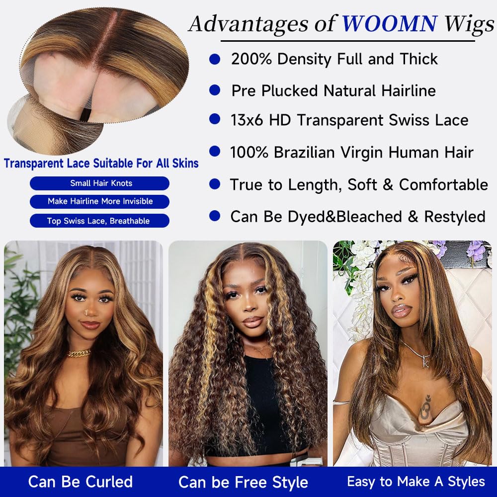 WOOMN 32 Inch Ombre Lace Front Wig Human Hair 13x6 HD Lace Frontal Straight Wigs Human Hair Pre Plucked 200 Density 4/27 Brown Highlight Wigs Colored Longer Life No Tangle No Shedding