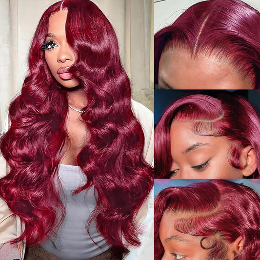 Dewyigs 99j Burgundy Lace Front Wigs Human Hair 13x4 Body Wave Wig Glueless Frontal Wigs Human Hair Pre Plucked Brazilian Virgin Human Hair Wigs Colored Wine Red for Women(22inch)