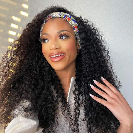 Deep Wave Headband Wig Human Hair 26 inch Glueless Non Lace Front Wig Machine Made Wigs 150% Density Brazilian Wet and Wavy Curly Hair Headband Half Wigs for Black Women Human Hair Natural Color