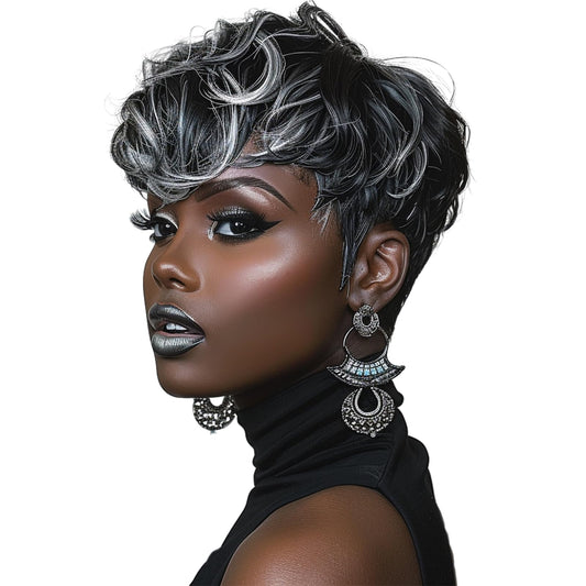 BOBCOO Pixie Cut Wig Short Wigs for Black Women Short Pixie cut Wigs for Black Women (Black & Grey)