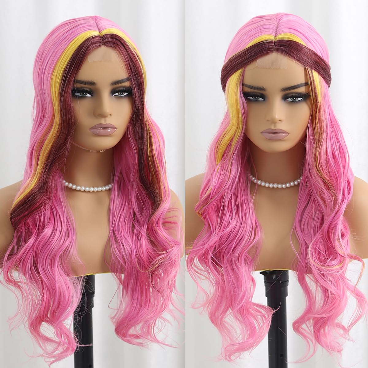 SISIFIRE Pink Yellow Highlight Dark Red Long Curly Wavy Wigs for Women Middle Part Synthetic Heat Resistant Fiber Small Lace Wig for Halloween Cosplay Christmas Wigs