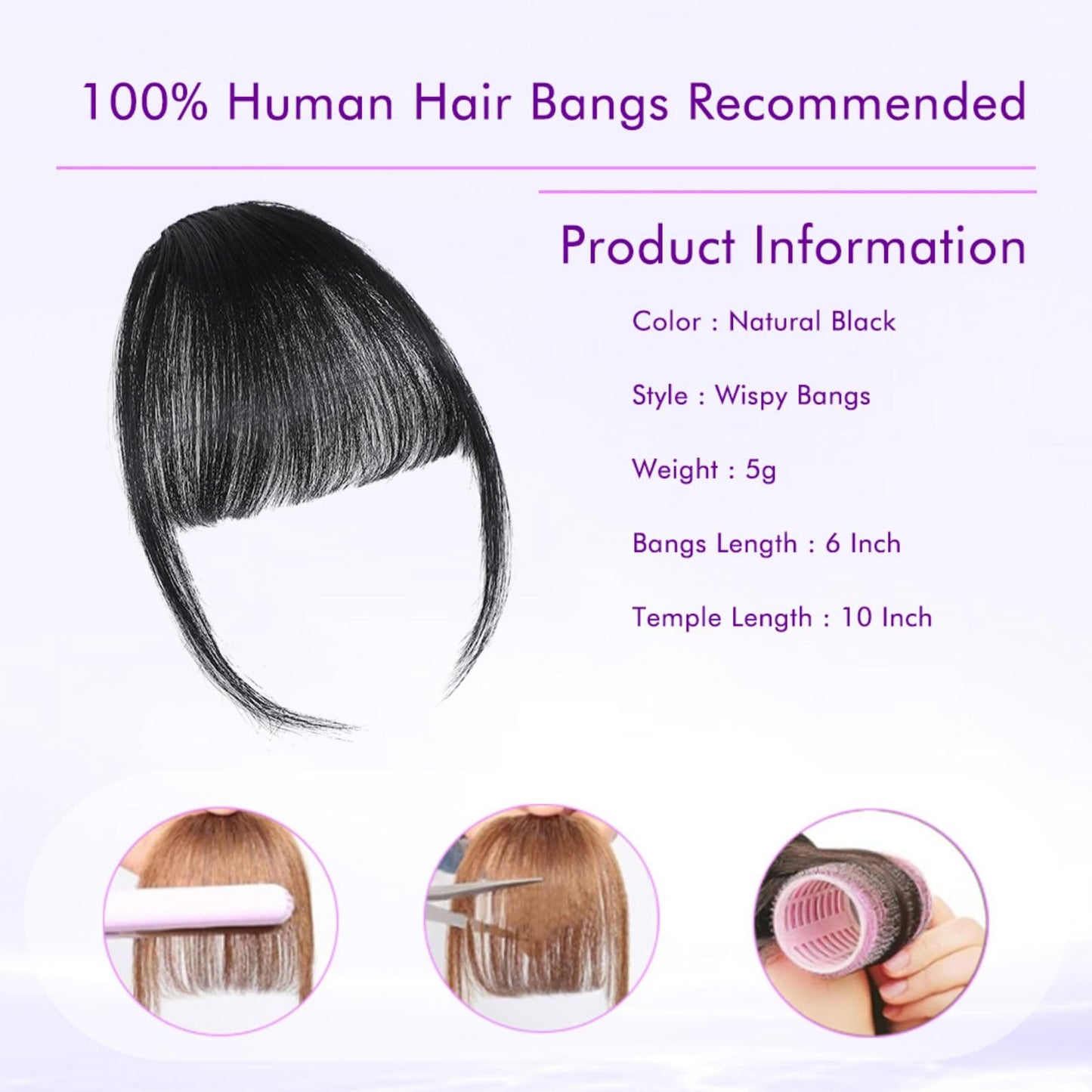 ELEFOCUS Clip in Bangs 100% Real Human Hair Extensions Wispy Natural Black Fake Bangs Hair Clip on bangs for women Fringe with Temples Hairpieces Faux Bangs for Daily Wear