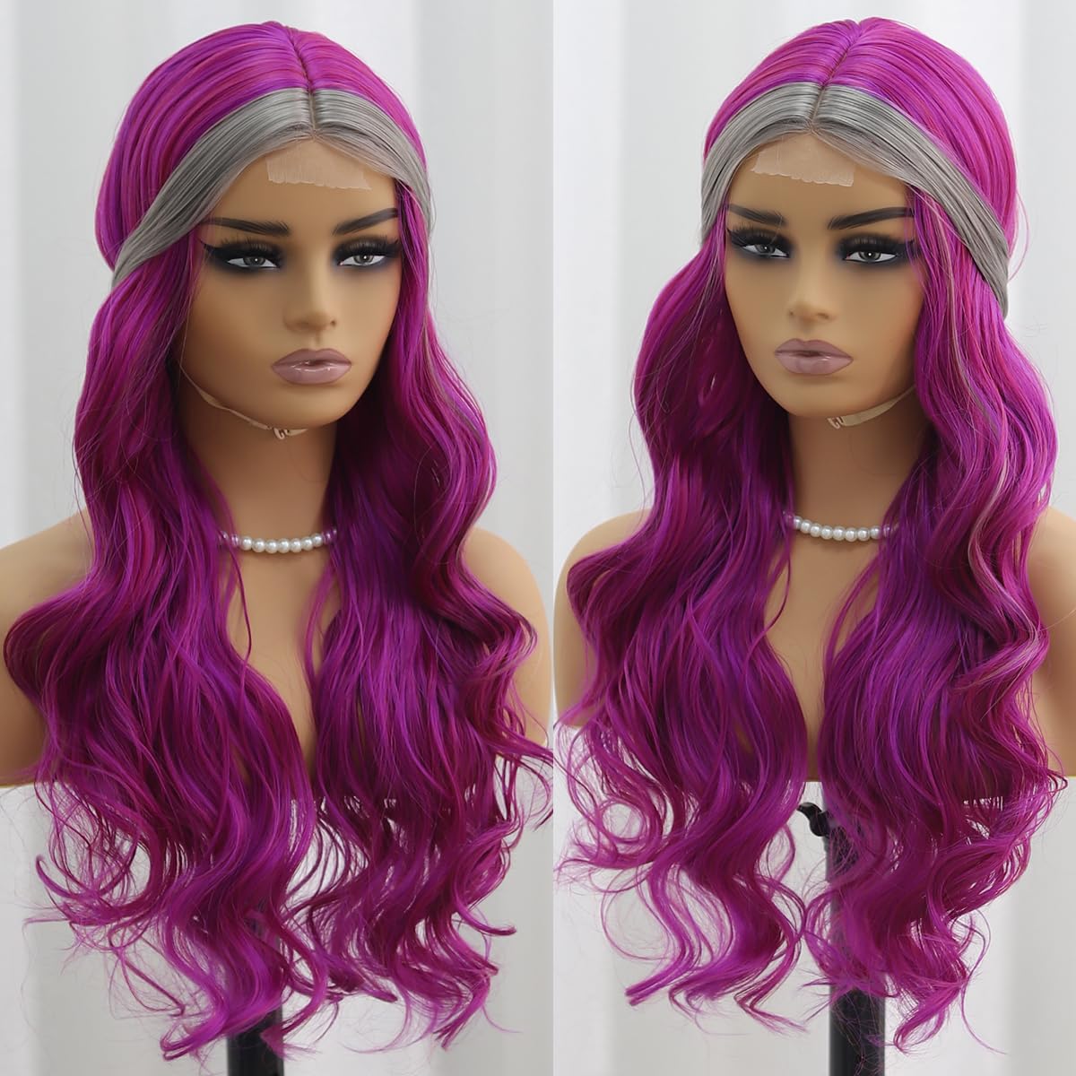 SISIFIRE Purple Gray Highlight Wavy Wigs for Women Synthetic Small Lace Front Wig Long Curly Wavy Wigs for Daily Party Use Heat Resistant Fiber Wig