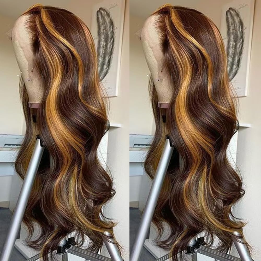 SISIFIRE Blonde Highlight Lace Front Wigs for Women Pre-plucked Hairline Glueless 13X4 Inch Synthetic Lace Front Wig with Baby Hair Long Loose Body Wave Wigs for Daily Party Wig