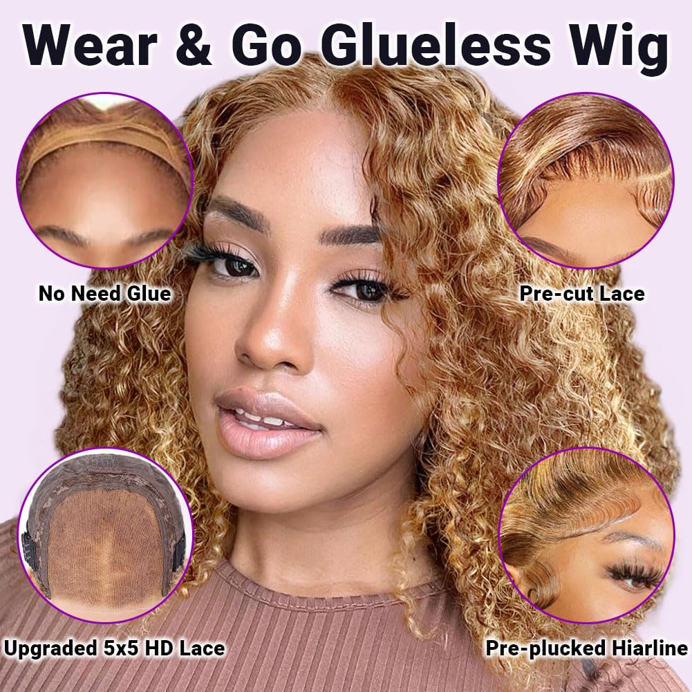 UCUVIC Glueless Wigs Human Hair Pre Plucked Pre Cut Wear And Go Curly 5x5 Deep Wave Bob Wig Human Hair Lace Front Closure Wigs For Black Women 200Density Curly Wig Glueless Highlight Ombre 14 Inch