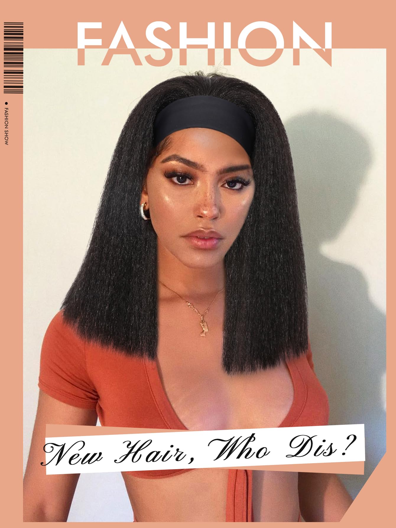 WIGNEE Kinky Straight Headband Wig Kinky Wig with Ribbon Glueless Headband Wigs for Black Women Natural Synthetic Afro Wigs for Black Women Natural Black 14 Inch
