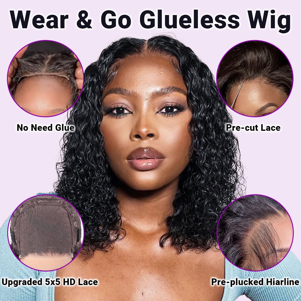 UCUVIC Glueless Wigs Human Hair Pre Plucked Pre Cut Wear And Go Curly 5x5 Water Wave Bob Wig Human Hair Lace Front Closure Wigs For Black Women 200 Density Curly Wig Glueless Wear And Go Black 14 Inch