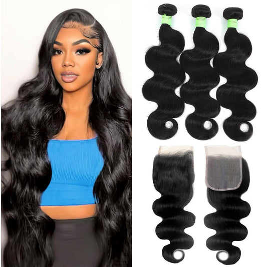 Human Hair Bundles with 4x4 Lace Closure Body Wave (18 20 22+16,Free Part) 12A Grade 100% Unprocessed Brazilian Virgin Hair 3 Bundles Deals Real Human Hair Extensions For Black Women Natural Black