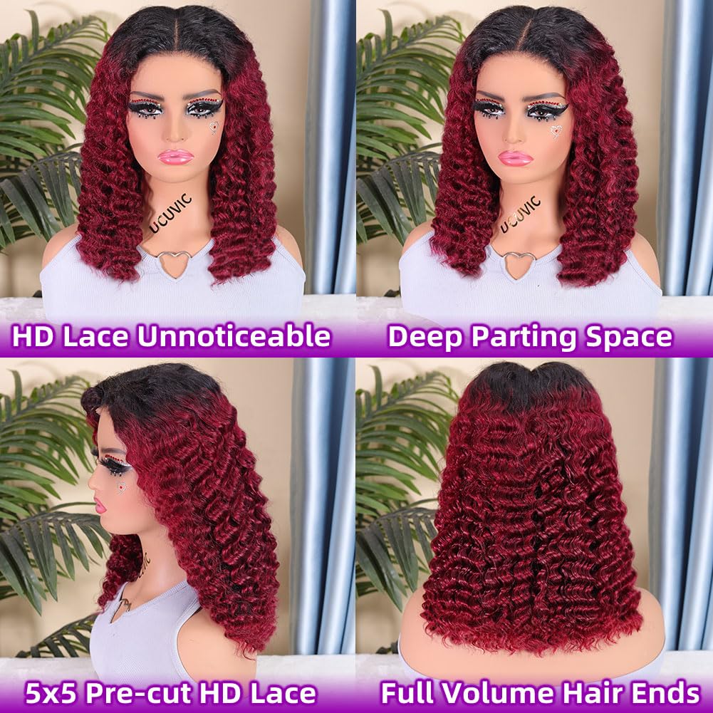 UCUVIC Glueless Wigs Human Hair Pre Plucked Pre Cut Wear And Go Curly 5x5 Deep Wave Bob Wig Human Hair Lace Front Closure Wigs For Black Women 200 Density Curly Wig Glueless Ombre Burgundy 14 Inch
