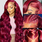 QZOQZO 32 Inch 99J Burgundy Lace Front Wigs Human Hair 13x6 HD Transparent Body Wave Lace Front Wig Pre Plucked 180% Density 99J Burgundy Red Wine Glueless Reddish Brown Human Hair Wigs for Women