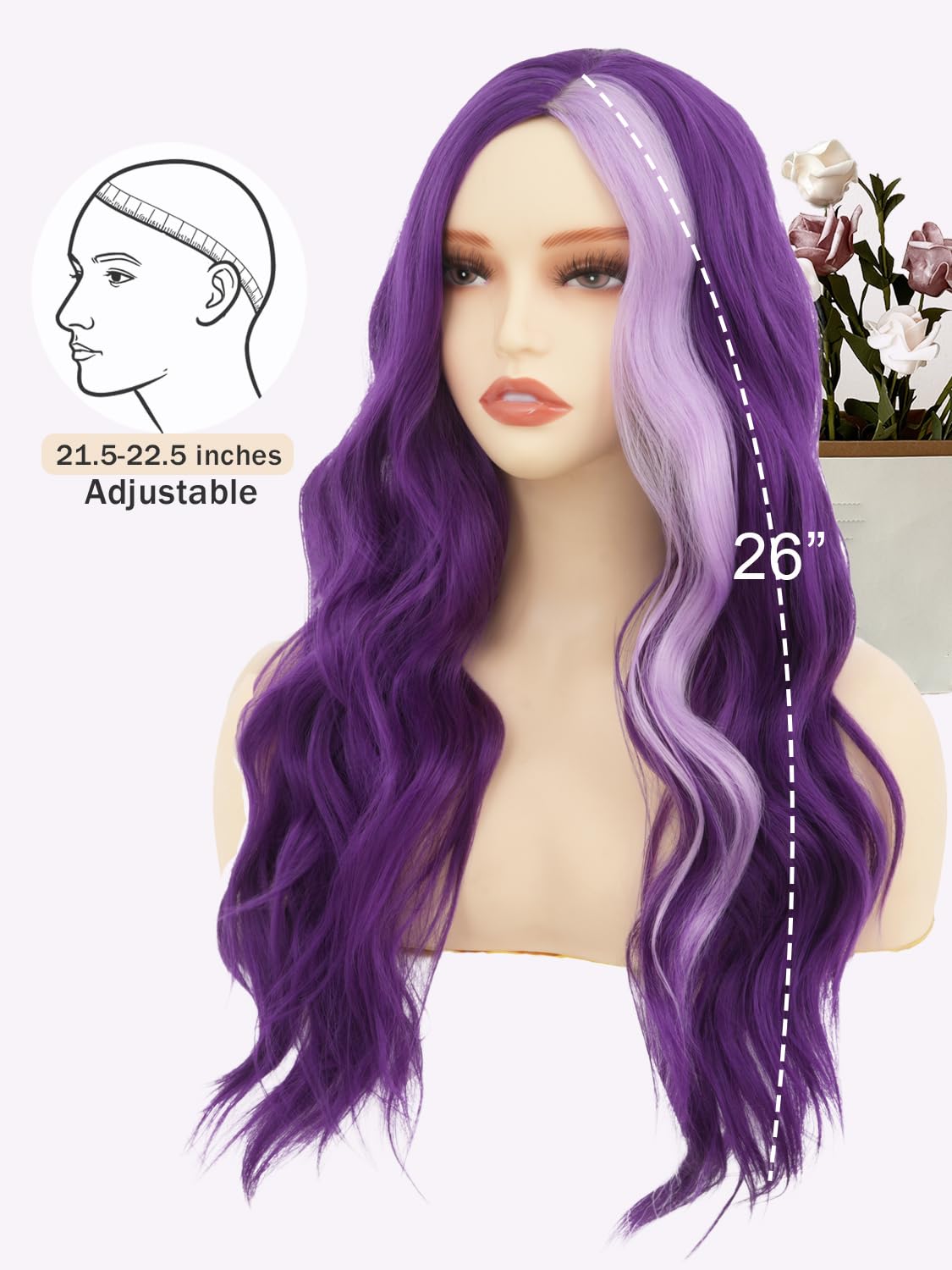 Sabosi Long Wavy Purple Wigs for Women 26 Inch Middle Part Curly Wavy Wig Natural Looking Synthetic Heat Resistant Fiber Wig for Daily Party Use