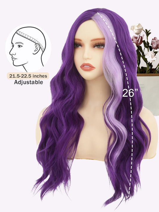 Sabosi Long Wavy Purple Wigs for Women 26 Inch Middle Part Curly Wavy Wig Natural Looking Synthetic Heat Resistant Fiber Wig for Daily Party Use