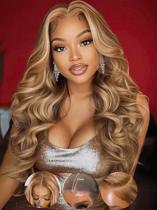 KLAIYI Wear And Go Glueless Wig Bye Bye Knots 13x4 Precut Lace Front Wigs Human Hair Ombre Highlight Blonde Body Wave Wig Pre Bleached Pre Everything Pre Plucked with Baby Hair 3S Ready to Wear 26Inch