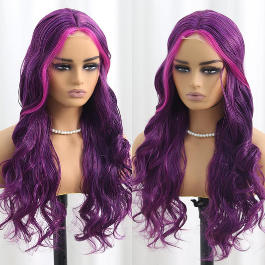 SISIFIRE Ombre Highlight Wavy Wigs for Women 24 Inch Middle Part Curly Wavy Wig Natural Looking Synthetic Heat Resistant Fiber Wigs for Cosplay Halloween Christmas Wigs