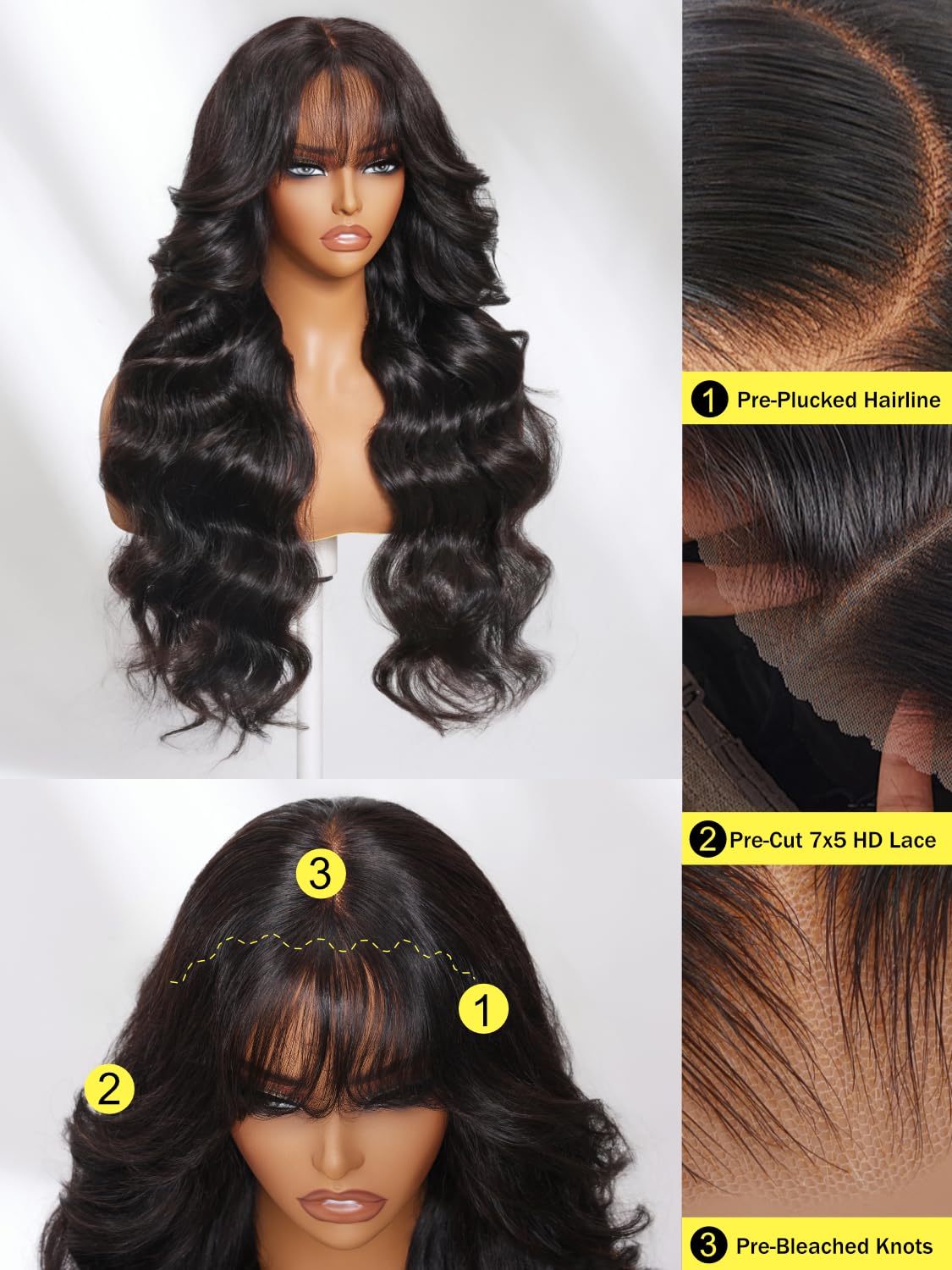 Sunber Bye Bye Knots 7x5 Lace Front Glueless Fluffy Natural Loose Wave Curtain Bangs Wig 180% Density Human Hair Wigs Pre Plucked Invisible Knots Pre Everything 3S Ready to Wear 28Inch