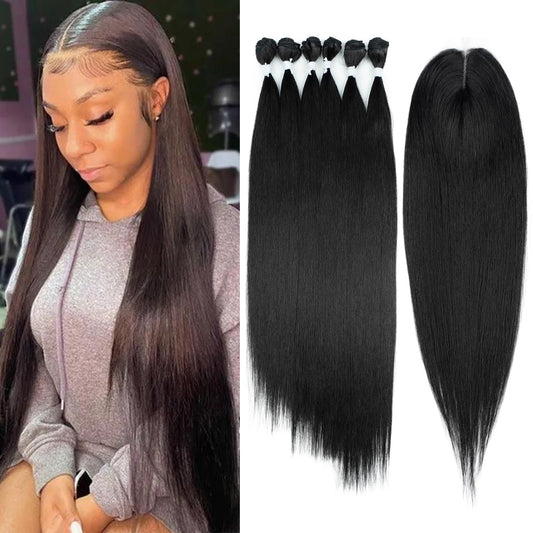 DÉBUT 26 28 30 Inches Silky Straight 6 Bundles with Lace Closure Long Straight Synthetic Hair Bundles Weave Hand-Tied Middle Part Lace Closure for Full Head 1B Color